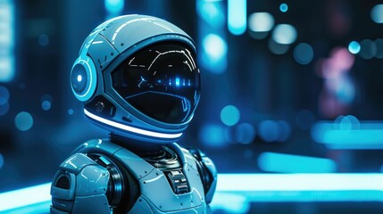 Futuristic Robot Astronaut on an Exploring Mission in the Depths of Outer Space with Glowing Neon...