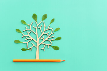 Top view image of pencil and tree concept. idea of education, creativity, and growth - 785538170