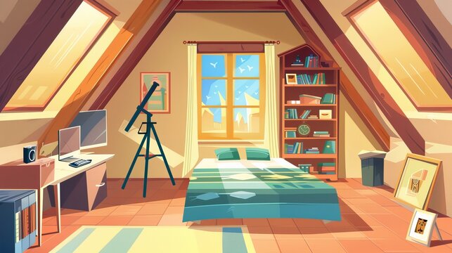 Child bedroom interior in morning cartoon background. Child home on garret with window, telescope, bed, computer and table. Book shelf in building with picture inside. Cozy teen home design.