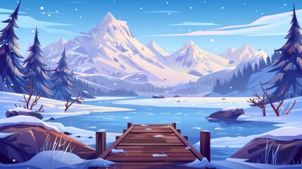 Winter scenes of a frozen lake with a wooden pier and snowy mountains. A modern cartoon illustration depicting frosty weather in the forest, snow spread across trees and the ground in a valley, and - obrazy, fototapety, plakaty