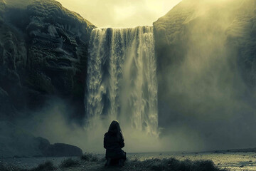 Fishing the sun Woman overlooking waterfall, Iceland