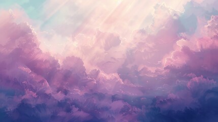 Sunlight filters through purple cumulus clouds in the evening sky - obrazy, fototapety, plakaty