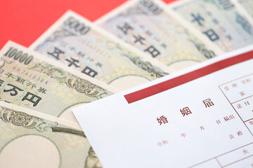 Japanese marriage registration blank document on table close up