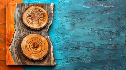   A wooden block atop a blue-orange wall, adjacent to another piece with circular patterns