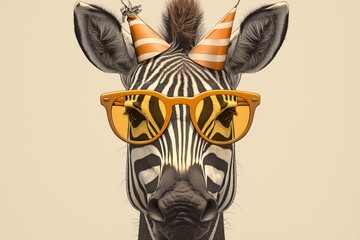 Fototapeta premium zebra wearing sunglasses and birthday hat on pastel background