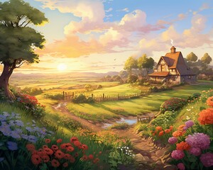 A gentle sunrise warming a sleepy hamlet, with gardens of peonies and marigolds stretching out to green pastures ,  illustration - obrazy, fototapety, plakaty