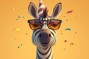 a zebra wearing sunglasses and birthday hat 