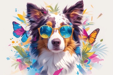 ute border collie dog wearing sunglasses on a white background. The artwork is in the colorful splash