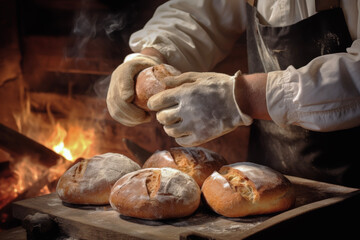 Freshly Baked Delight: A Close-Up of a Chef's Hands Removing Bread from the Oven—Inspiring Culinary Art for Food Lovers