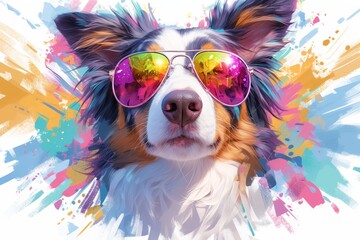 Cute border collie dog wearing sunglasses on a white background.