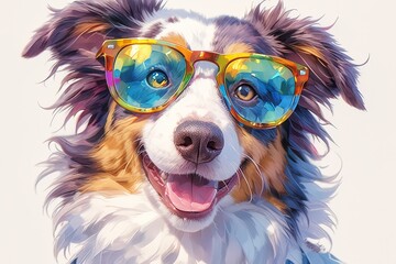 colorful digital artwork of a cute border collie dog wearing sunglasses on a white background. - obrazy, fototapety, plakaty