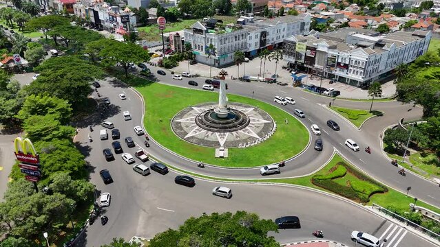 Tangerang, Indonesia - January 20, 2024: Aerial View of Gading Serpong Rotunda Monument, Roundabout with Iconic Landmark in Gading Serpong, South Tangerang