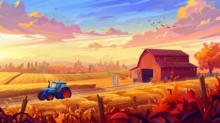 Fototapeten On the farm, a red wooden barn, a blue tractor, and a yellow and orange sky are depicted on the cartoon autumn farm scene. There is a house and a vehicle. Rural autumn ag scenery with a house and a © Mark