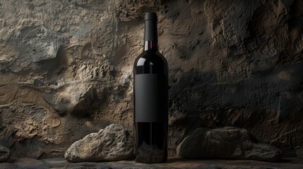 Dark wine bottle with black label, elegant against stone backdrop. Marketing. Packaging design mockup.