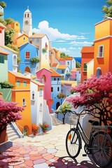 Charming village scene with bikes and colorful taxis ,   illustration - obrazy, fototapety, plakaty