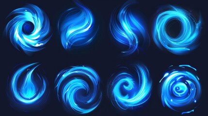 Waved blue neon elements with swoosh effect. Realistic modern illustration of glowing swirl lines. Mondrian flare and vortex spin. Abstract luminous and shine twirl trails.
