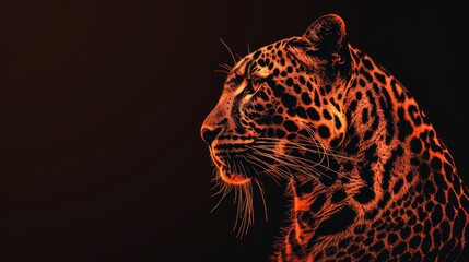   A tight shot of a leopard's face against a black backdrop, illuminated by a red light from behind - obrazy, fototapety, plakaty