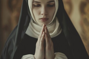 Vintage-style portrait of a nun at rest, her hands folded in prayer, a symbol of the quiet strength found in faith and devotion - obrazy, fototapety, plakaty