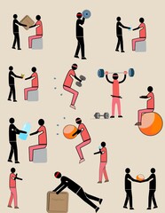 A series of black and white drawings of people doing various exercises