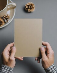 Obraz premium Postcard - Invitation Mock-Up - Male hands holding a blank flyer on a gray background