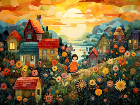 Children in a world of stitched houses and buttoned flowers, with a sky of soft velvet, a woolen sun smiling ,  illustration
