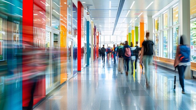 Vibrant university hallway with a blurred motion effect, depicting the bustling activity and dynamic movement of students 01