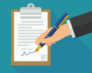 A hand signs a document on clipboard with a blue pen on a blue background with long shadow in flat design style