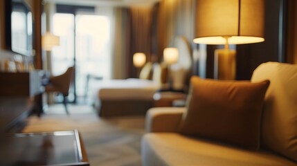 Soft-focused image portraying the luxury of a high-end hotel room with elegant furnishings and cozy ambiance 03