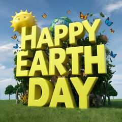 3D rendering of a Happy Earth Day Text on grassy field. The letters are decorated with various images related to Earth Day such as butterflies, flowers, and trees also features a smiling sun.