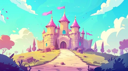 Naklejka premium Children's book ui illustration set of fantasy fairytale ancient kingdom fortress palace or fort with flag on tower, windows and gate. Cartoon modern illustration set of fantasy fairytale ancient