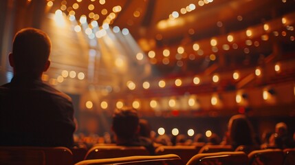 Soft-focused perspective capturing the energy of a concert hall with blurred stage, vibrant lighting, and anticipation - obrazy, fototapety, plakaty