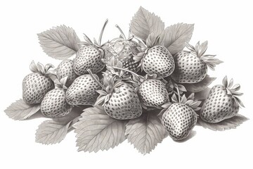 Black and white illustration of strawberries with leaves on an isolated background