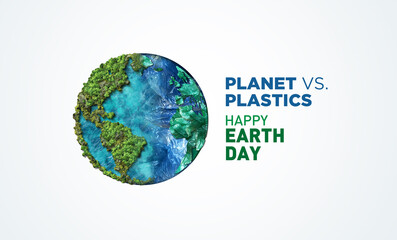 Planet vs. Plastics , Earth day 2024 concept 3d tree background. Ecology concept. Design with globe map drawing and leaves isolated on white background. 