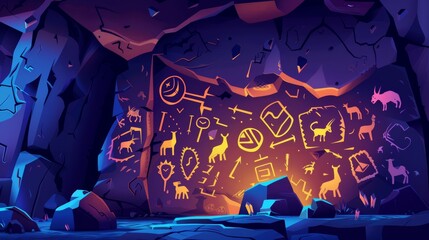 An illustration of a grotto, a cave, a mountain tunnel and antelope and mammoth silhouettes in a prehistoric cave.