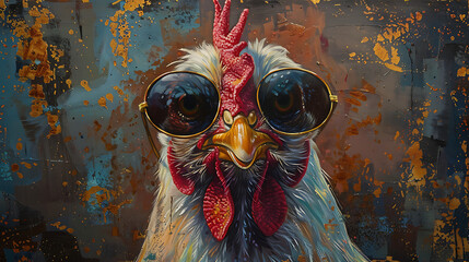 chicken with sunglasses - obrazy, fototapety, plakaty