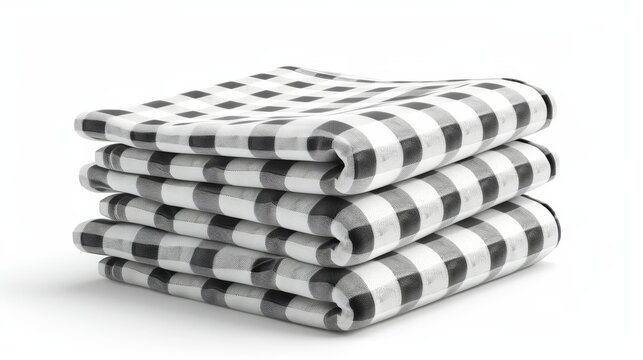 An empty and checkered folded handkerchief mockup. A realistic set of modern illustrations of cotton gingham kitchen towels and tablecloths.