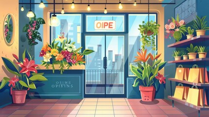 Modern cartoon illustration of flowers in pots on a shelf and an open sign on the door of a floral shop.