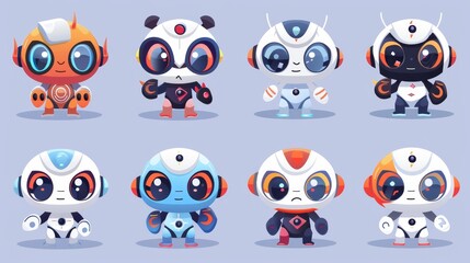 Modern illustration set of robot mascots with different poses and emotions. Artificial intelligence virtual smart robot assistant. Childish ai android machine.