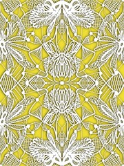 Seamless pattern, ornament with openwork symmetrical volumetric lace, created in the style of applique or embroidery on fabric, plain on a colored background. Suitable for interior, wallpaper, fabrics