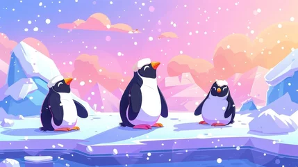 Poster Modern cartoon illustration of cute antarctic bird characters sitting on floating ice and snow falling from a frosty pink and blue sky on a snowy arctic landscape. © Mark