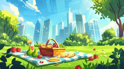 An illustration of a picnic in a city park. Modern cartoon illustration of a basket with food and drink, fresh fruit and vegetables on a blanket, modern cityscape with skyscrapers, a green lawn,
