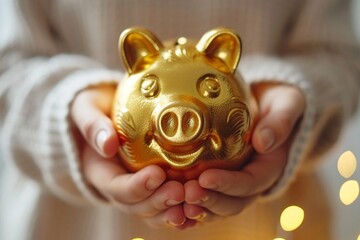 Smiling individual close-up view hands holding shiny golden piggy bank savings wealth 01