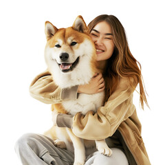 Woman hugging her beloved Akita dog, isolated on transparent background, people and pets concept, realistic illustration, generative ai - 785540122