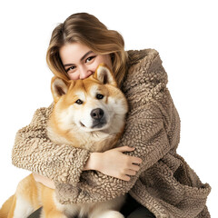 Woman hugging her beloved Akita dog, isolated on transparent background, people and pets concept, realistic illustration, generative ai - 785540138
