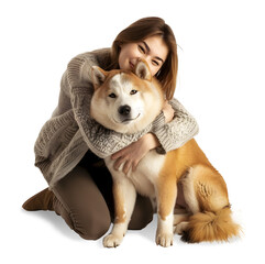 Woman hugging her beloved Akita dog, isolated on transparent background, people and pets concept, realistic illustration, generative ai - 785540140