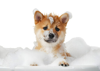 Cute puppy Akita dog in a bath with foam, isolated on transparent background, cute pet concept, realistic illustration, generative ai - 785540151