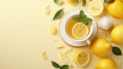   A cup of tea with lemon and mint on a saucer, surrounded by sliced lemons against a yellow backdrop