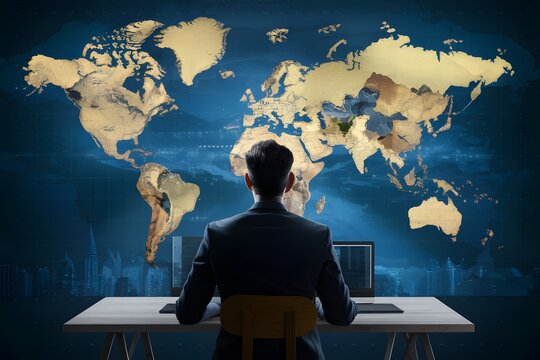 ImageStock Back view of businessman looking at digital world map on virtual screen