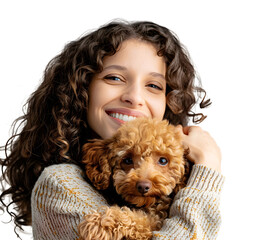 Woman hugging her loved Toy Poodle dog, isolated on transparent background, people and pets concept, realistic illustration, generative ai - 785540324