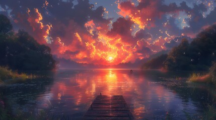 A tranquil lake surrounded by lush greenery, with a small wooden dock extending into the water and a colorful sunset painting the sky in shades of orange and pink - obrazy, fototapety, plakaty